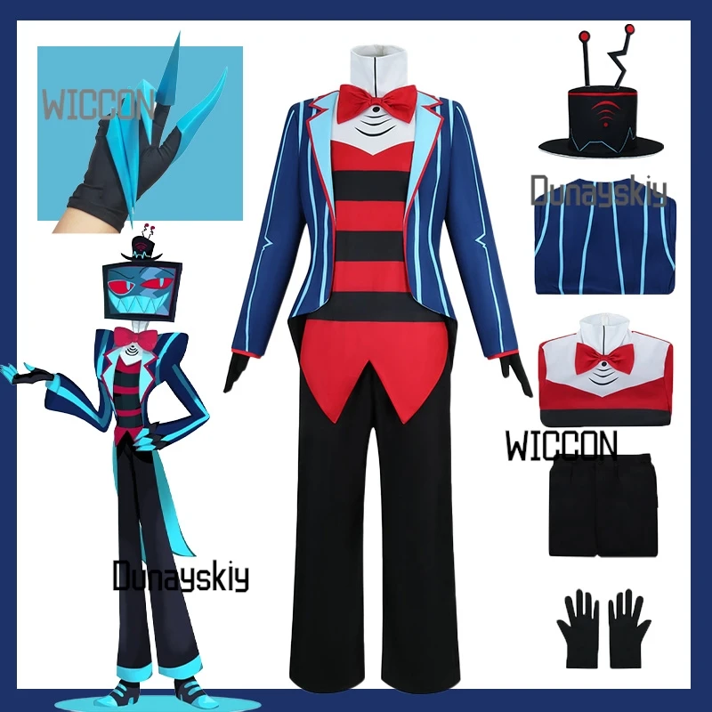 

Hazbin Costume Vox Full Set Anime Blue Red Suit with 3D Accessories Uniform Coat for Adult Halloween Carnival Christmas Roleplay