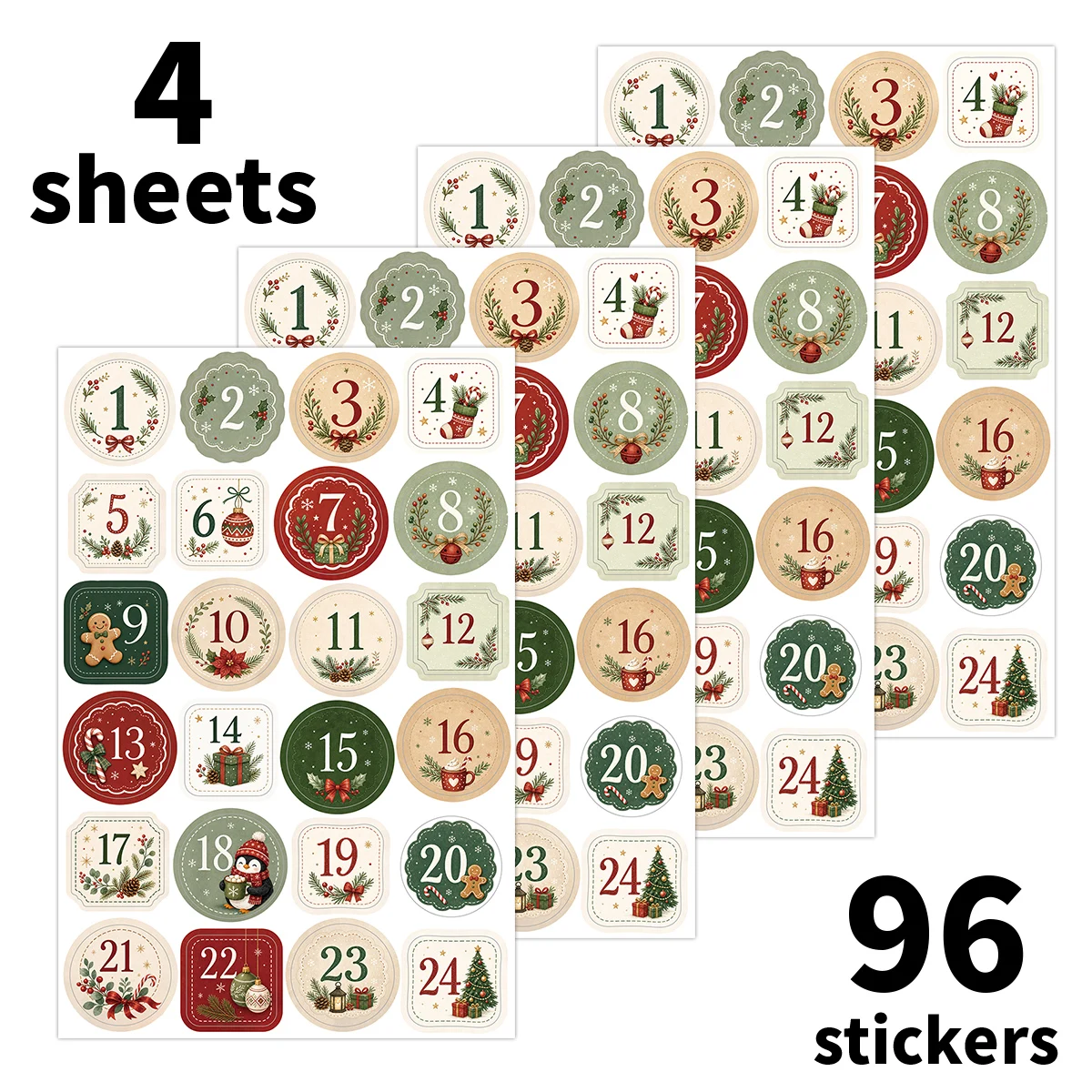 96 Stück – 4 Blatt Weihnachts-Adventszahlen-Aufkleber, 1-24 Countdown-Aufkleber, Zubehör zur Herstellung eines Adventskalenders, Geschenkverpackungsanhänger, Dekoration – Detail 1