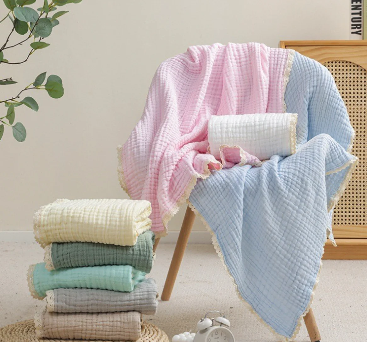 Muslin Baby Blanket Newborn 6 Layers Swaddle Blankets Fringe Cotton Soft Baby Receiving Blankets Infant Wrap Toddler Bath Towels