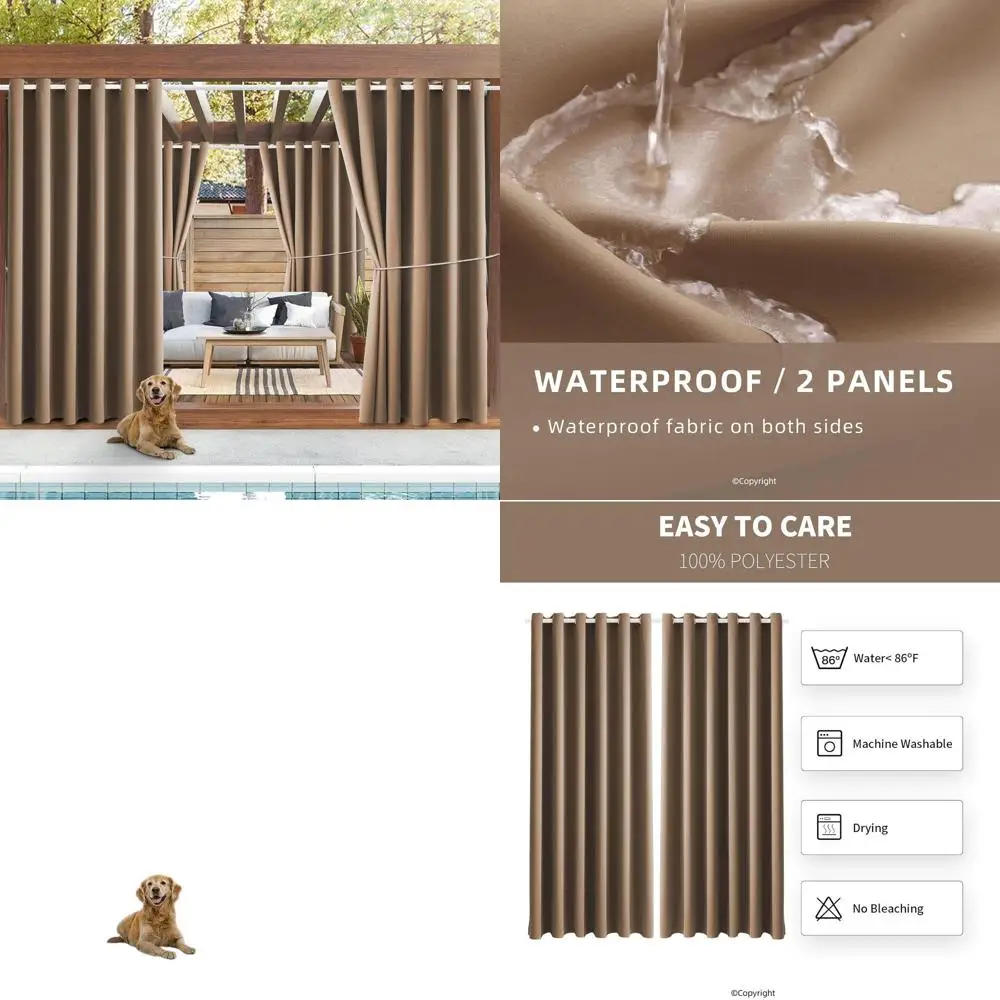 카멜 브라운 84x84 방수 야외 커튼 (그로밋 탑), 햇빛 차단 및 가정, 침실, 거실의 프라이버시 보호