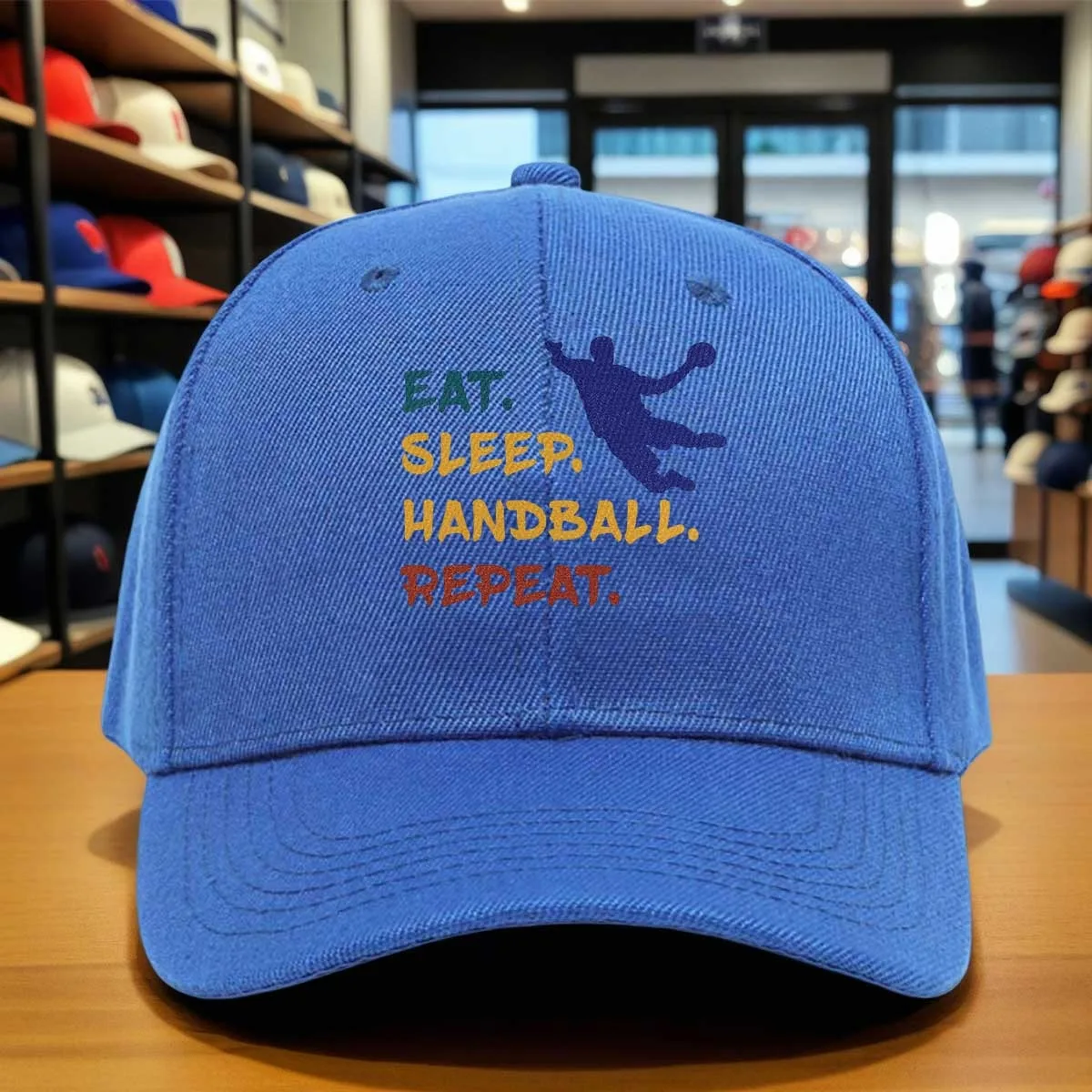 Eat Handball Repeat Baseball Cap, Colorful Lettering & Handball Player Silhouette Hat, Adjustable Sports Cap for Handball Fans