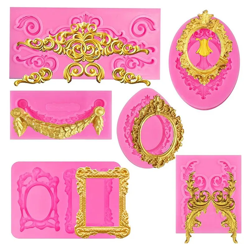 3D Lace Mold Baroque Silicone Mold Vintage Photo Frame Embossing Cake Decoration Tools Party Paper Cup Decoration Chocolate Mold