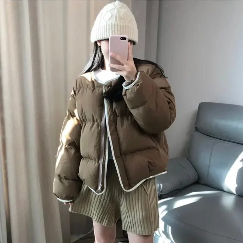 Neploe Koreanische Chic Vielseitige Kontrast Farbe Kanten Kragenlose Brot Baumwolle Mäntel Femme 2025, Winter Lose Dicke Oansatz Parkas