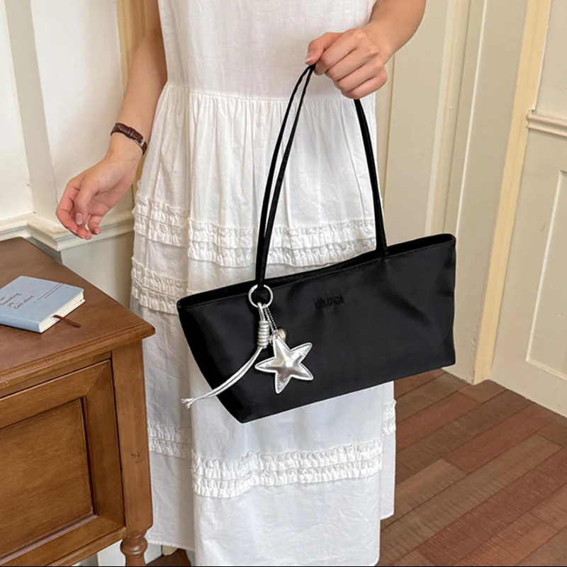 Kawaii Yellow Green Satin Shoulder Bag Ladies Silver Star Pendant Decor Long Handle Small Tote Purse Summer Daily Travel Handbag view 5