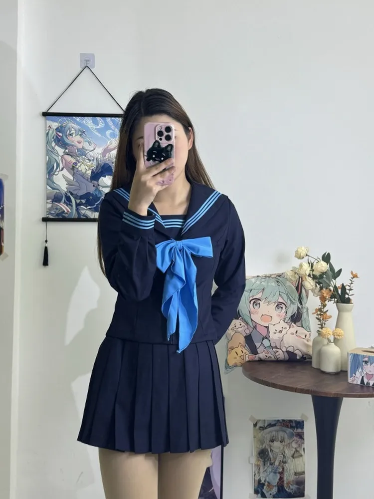 Long Sve Sailor Suit Set Женская юбка Sle College Wind Plum Sakura ort JK orm Feel Original Design Straight Leg P...