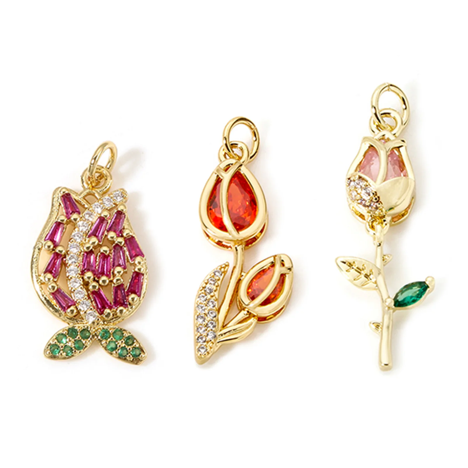 Brass Flora Collection 18K Real Gold Plated Tulip Flower Micro Pave Charms Pendants For DIY Necklace Jewelry Making, 1 Piece