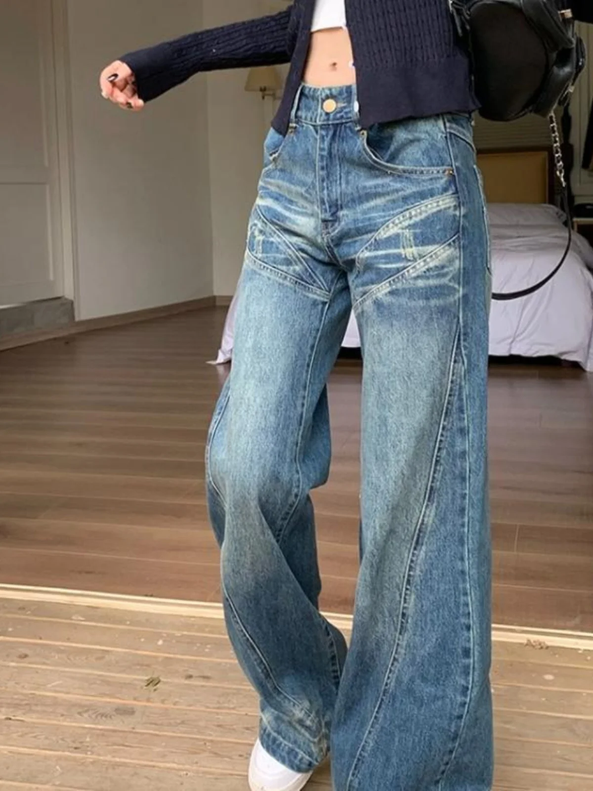 

Американские ретро-джинсы для женщин больших размеров, с высокой талией, прямые, свободные, широкие, в пол, осенняя коллекция