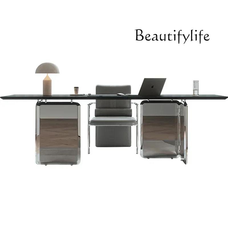 T Light Luxury Rock Slab Stainless Steel Mirror Desk Home Study Computer Desk Modern Simple Desk