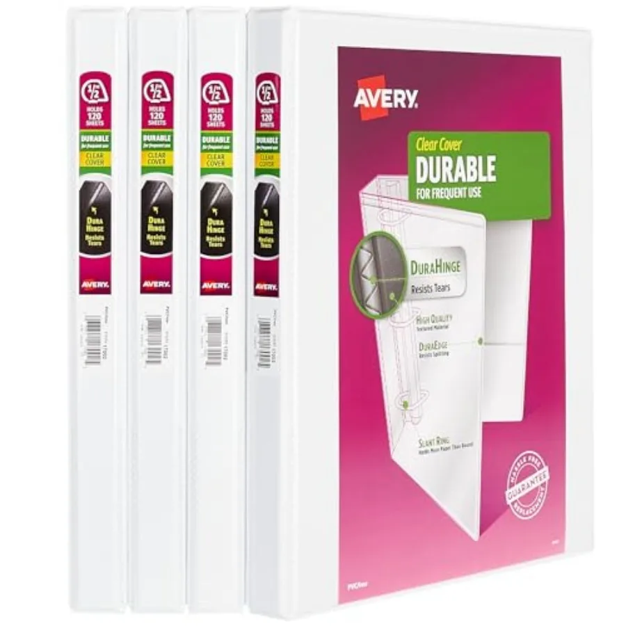 

Durable View 3 Ring Binders for Home, School Supplies, Office, or Organization Needs, Slant Ring, 4 Pack White Binders