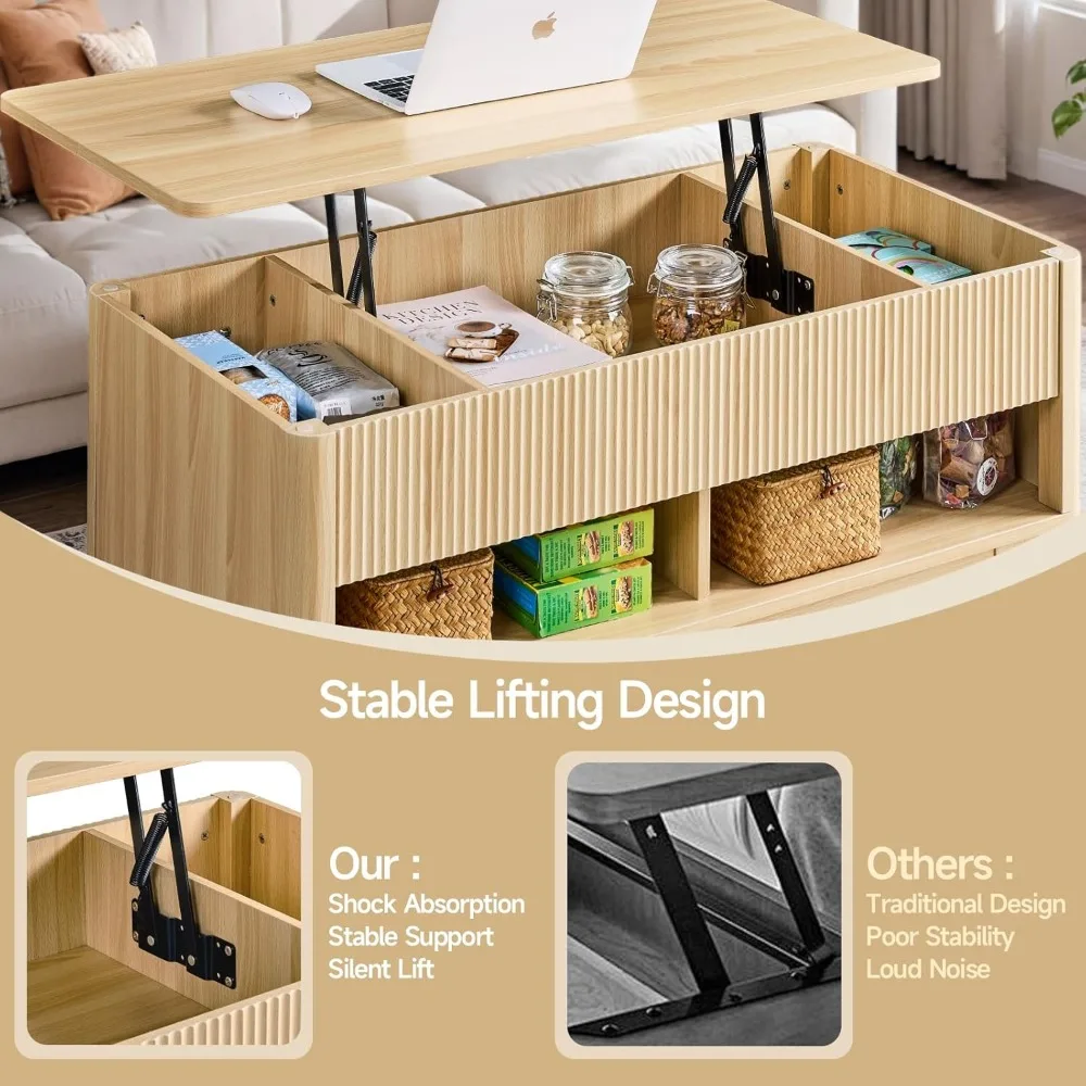 Farmhouse Lift Top Coffee Table, Mid Century Modern Coffee Table with Hidden Storage Compartment, Fluted Rising Pull up Wood Mod