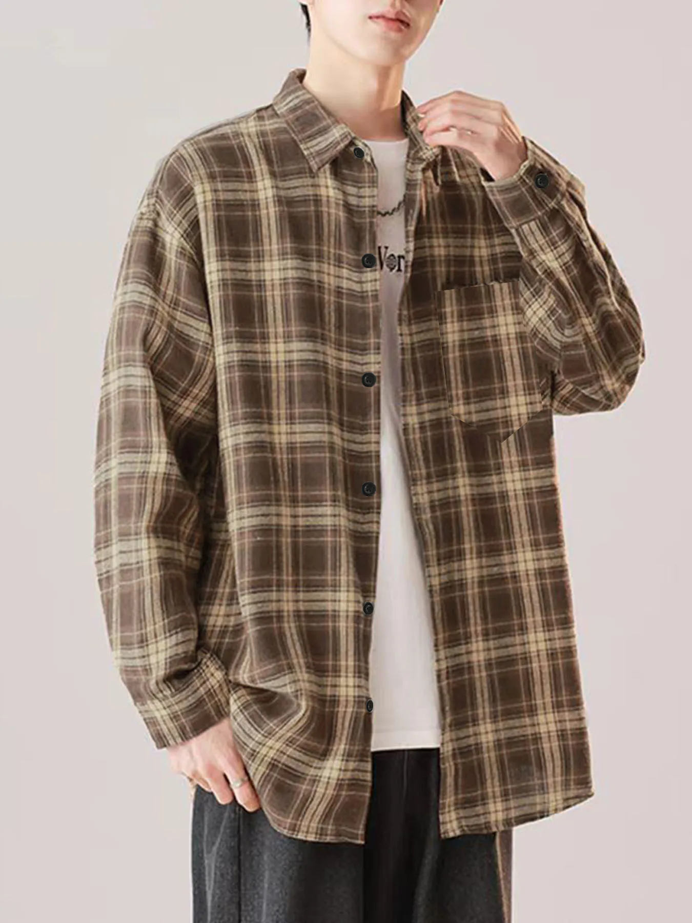Brown Retroplaidshirtlong Sleeveshong Kong Styleclassy Japanese StyleJuku Style Loosetopscasual Shirtoutwear