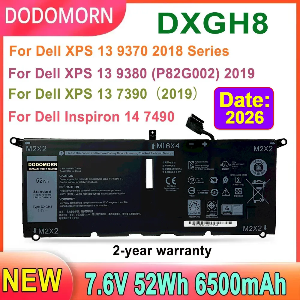 Batería para ordenador portátil DODOMORN DXGH8 para Dell XPS 13 9370 2018,13 7390(2019), para Dell Inspiron 7390 2 en 1,7391 2 en 1,14 serie 7490