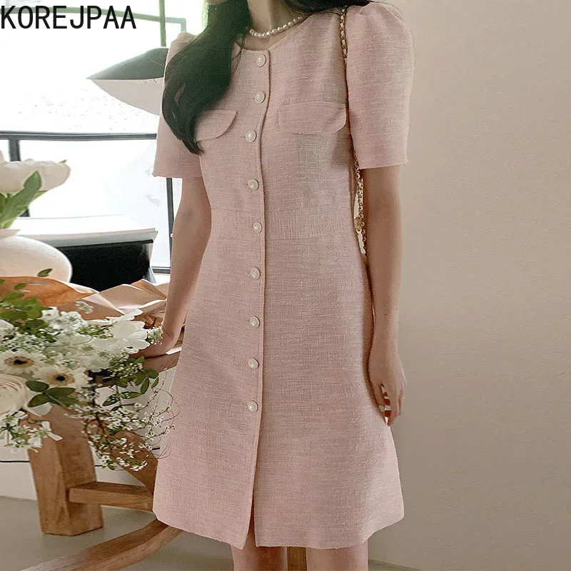 Korejpaa French Style Dress Women Korean Summer Casual Single Breasted Short Puff Sleeve Mini Dresses Outwear Round Neck Sweet