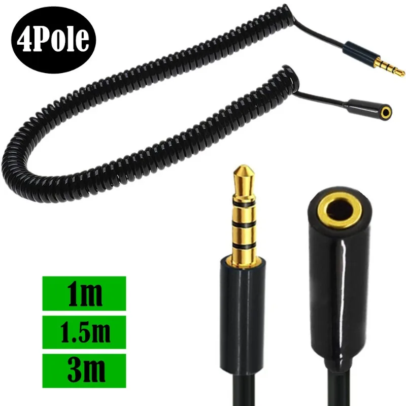 

Gold-plated Telescopic Cable DC3.5mm Car AUX Audio 4-core Spring Cable 4-segment Male-to-female Extension Audio Cable