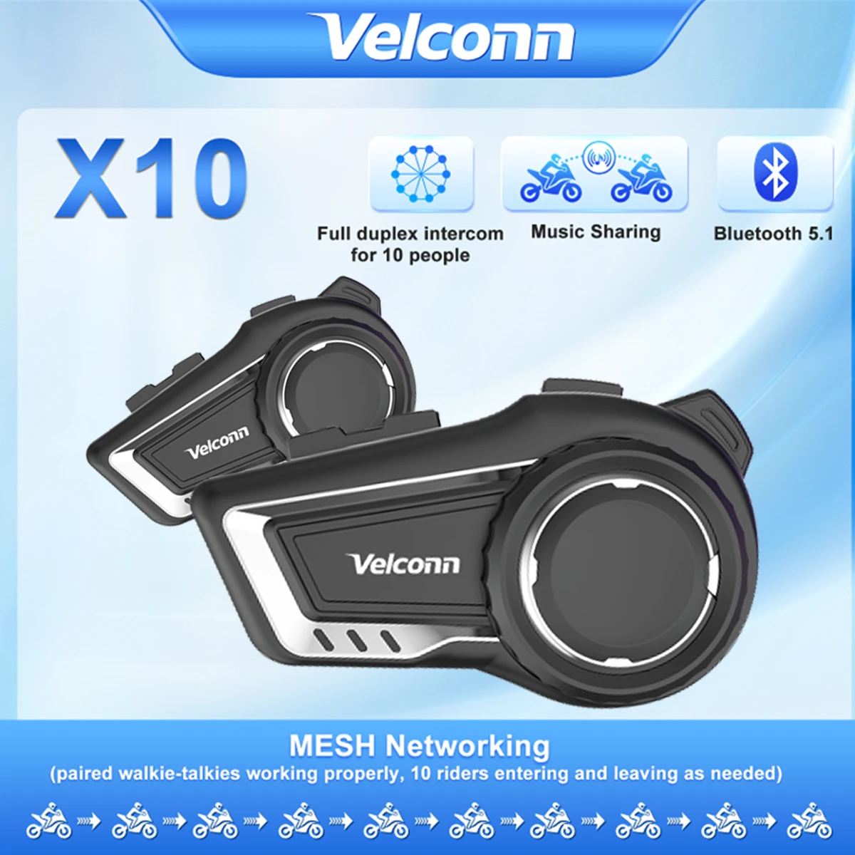

Velconn X10 Motorcycle Bluetooth Helmet Headset Mesh Intercom 10 Riders 1500M Interphone Music Sharing FM Radio IP65