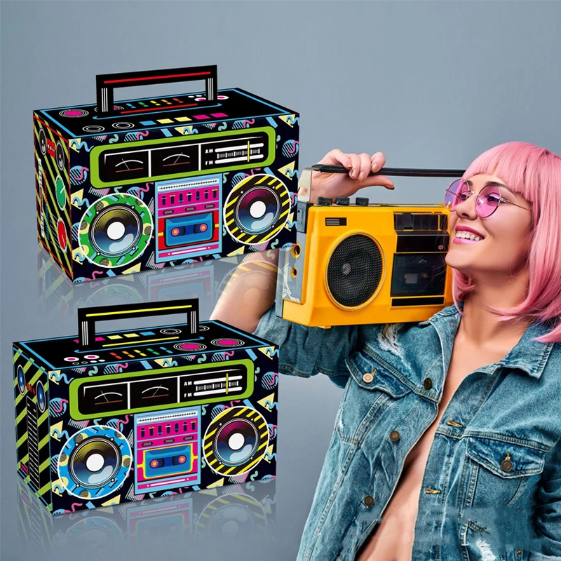 12pcs New Candy Box Eco-friendly Disco Party Decorations Novelty Boom Box Party Favors Gift 70/80/90s Hip Hop Music Glow Party