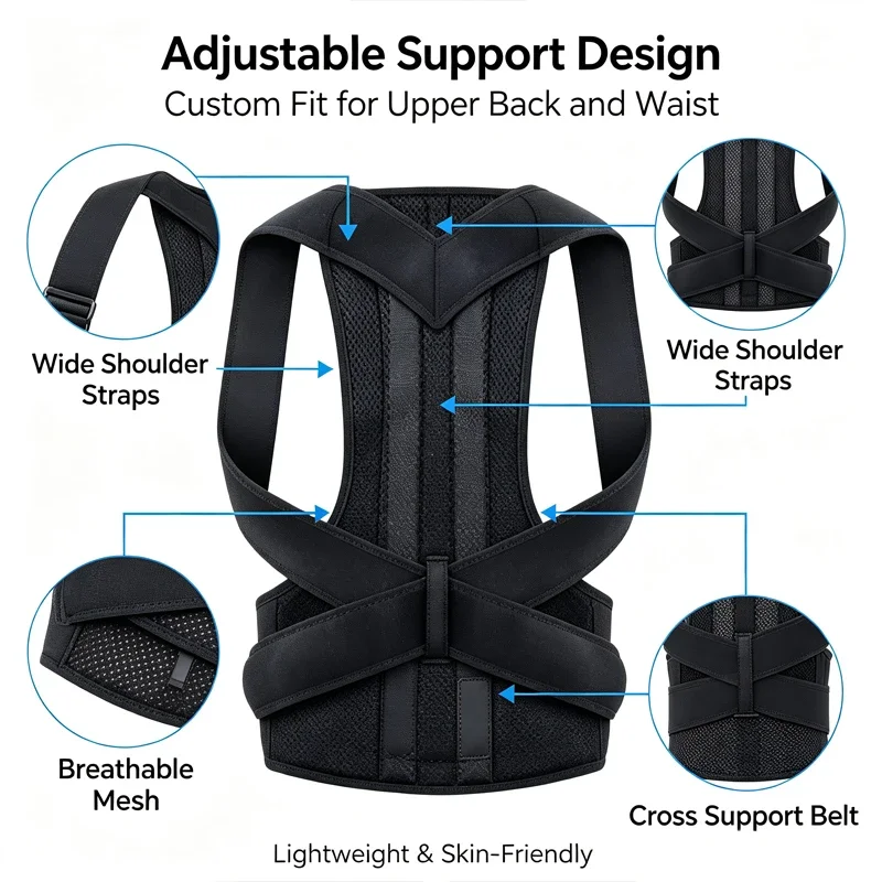 Breathable posture corrector with back support, adjustable shoulder and waist support straps, upper back corrector