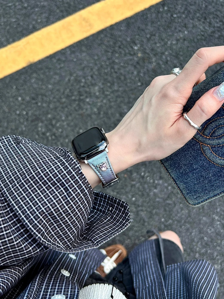 Gradient Leather Band For Apple Watch 38mm 40mm 41 42mm 45mm 46 49mm Woman Slim Bracelet Strap For iWatch Ultra 2 9 8 7 SE 6 5 4