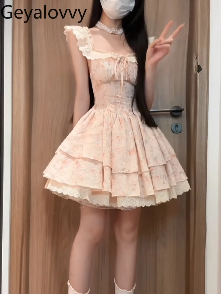 فستان فرنسي جميل لطيف للفتيات بأكمام طائرة مزين بالزهور فستان صيفي جديد للعطلات عالي الخصر للتخسيس فساتين الأميرة توتو للنساء