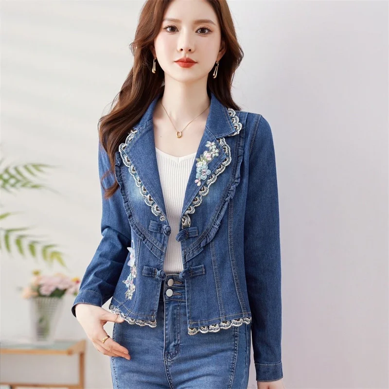 Denim Suit Casual Jacket 2025 Spring Autumn New Embroidery Retro Slim Fit Cardigan Top Korean Version Version Ruffle Slim Fit