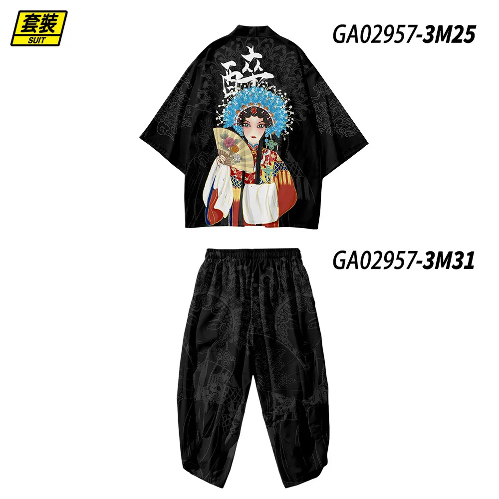 

Fashion Peking Opera Print Chinese Style Robe Sets Japanese Harajuku Men Women Kimono Beach Cardigan Haori Asian Clothes Pant