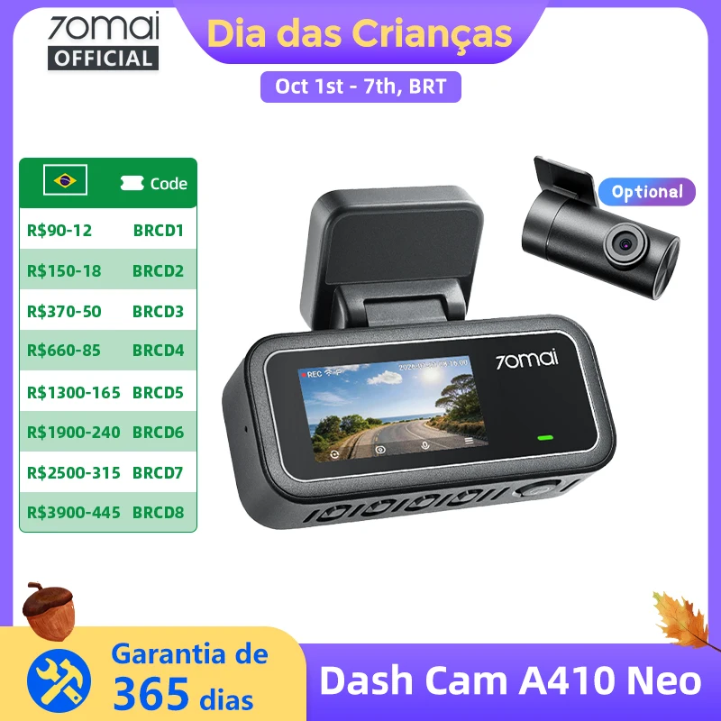 【Novo】Câmera de painel 70mai A410 Neo 1440P HDR, canal duplo, GPS integrado, lente f/1.6, supercapacitor, Wi-Fi 6, DVR de estacionamento 24H, 70mai A410 Neo