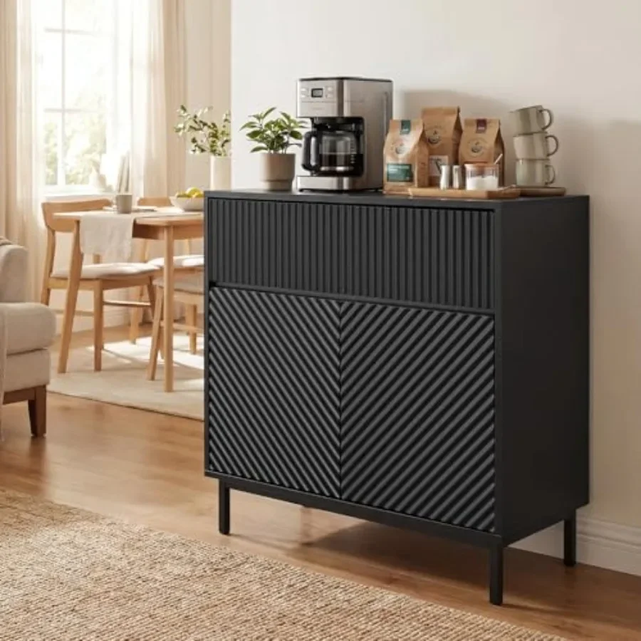 32'' Sideboard Buffet Cabinet for dining room use, MDF with black finish, fluted door texture and concealed storage