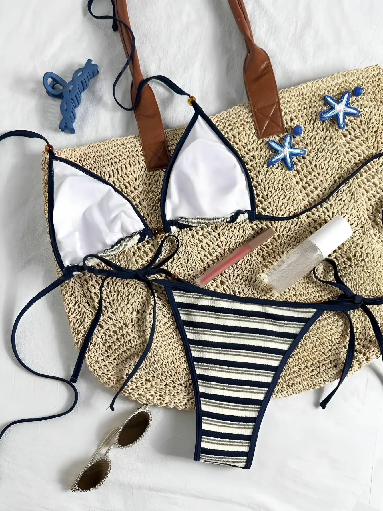 Striped Triangle Bikini Set Side Tie Two Piece Swimwear Bead Detail Fashionable Beachwear for Women