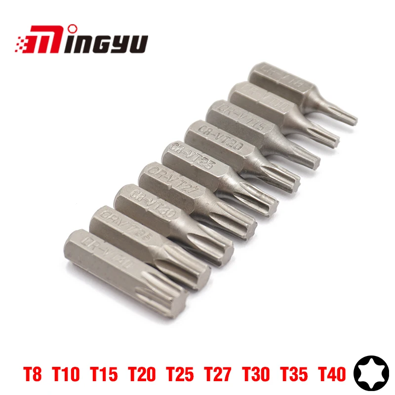 9PCS 25MM 1/4" Torx T8-T40 Screwdriver Bit Set Repair Tools Screwdrivers Kit Hex Shank Drill Bit For Power Household Hand Tools