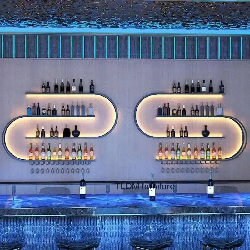 

Wall Bar Nordic Rack Art Wrought Furniture Iron Mounted Wine Wine Creative Geometric Cabinets Restaurant for Showcase with Light