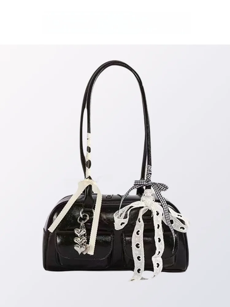 Yunzhen Lace Handbag Women's Lolita New Boston Bowling Bag Underarm Handbag Tote Bag Soft PU Leather Shoulder Bag for Casual Use
