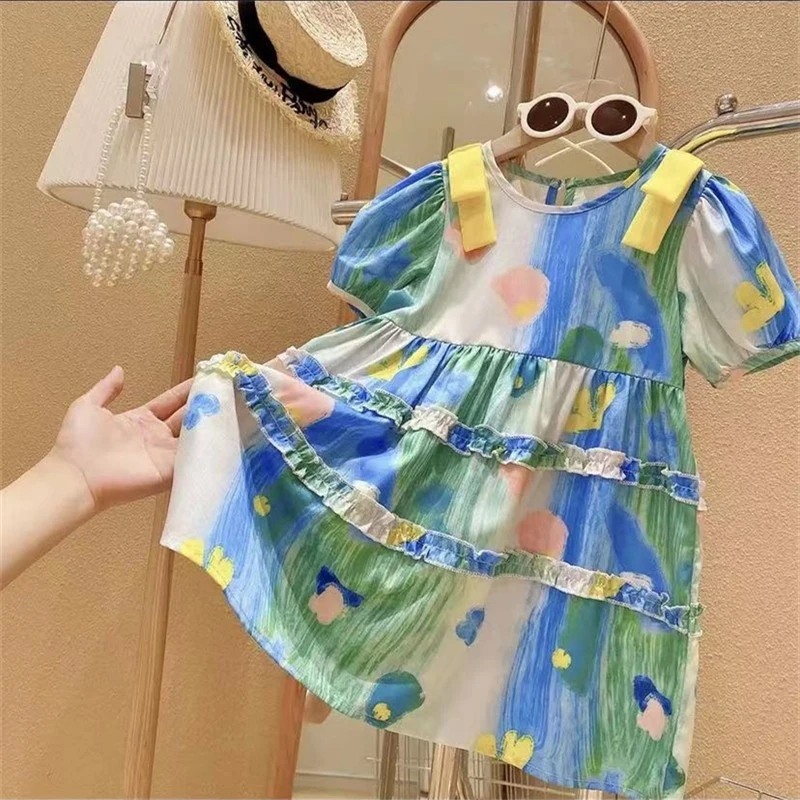 

Girls' pastoral oil painting style dress, new summer dress for girls, gradient color princess dress, children's short-sleeved dr