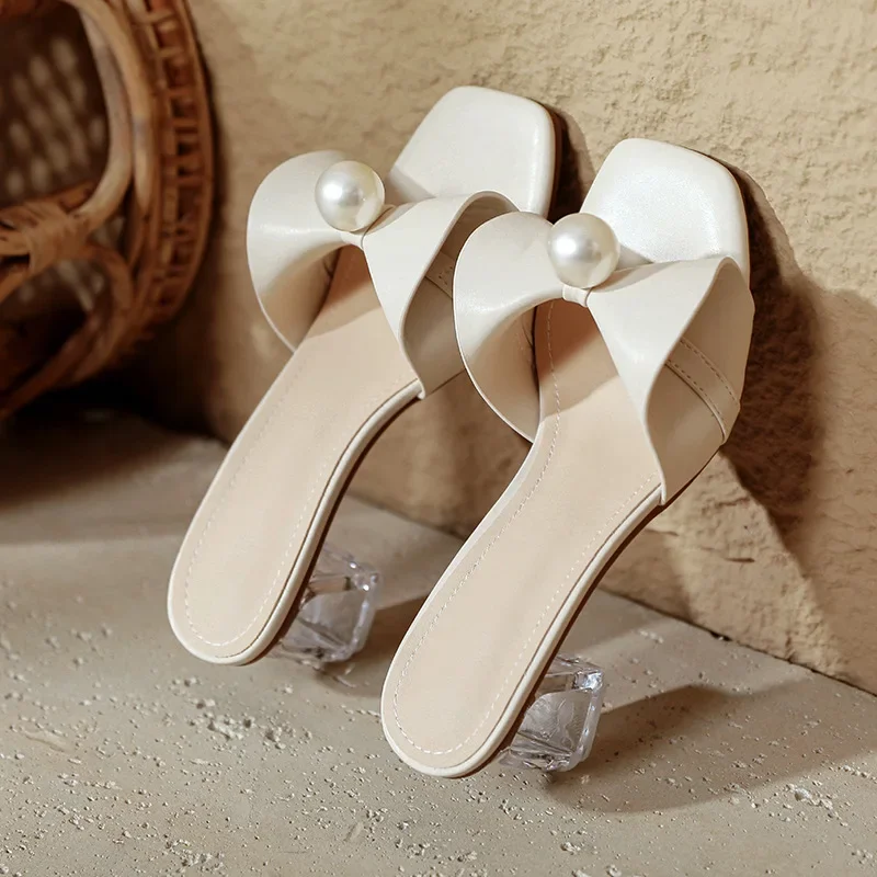 New Women's Summer Pumps High Heel Fretwork Heel Slippers Elegant Pearl Decoration Slip on Stiletto Korean Style Sandal