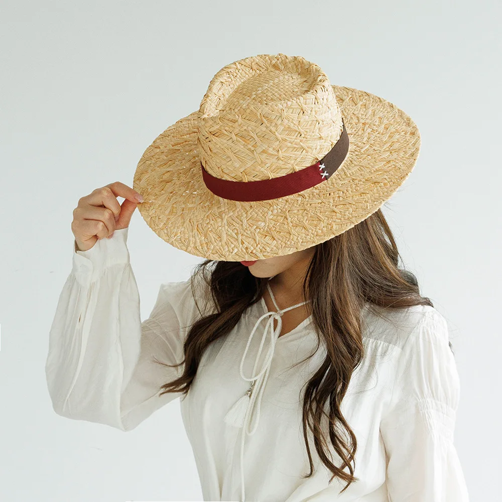 

USPOP Fashion Casual Two-Tone Ribbon Handwoven Raffia Sun Hat for Women Wide Brim Patterned Straw Jazz Hat with UV Protection