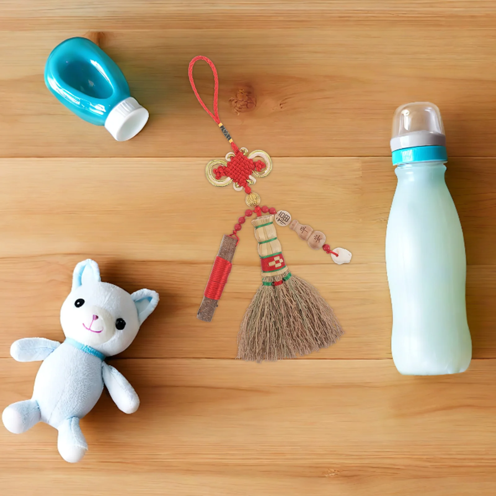 Baby Crib Broom Pendant Soft Mini Cleaning Tool Vintage Chinese Knot Lucky Charm Feng Shui Protection - Red String
