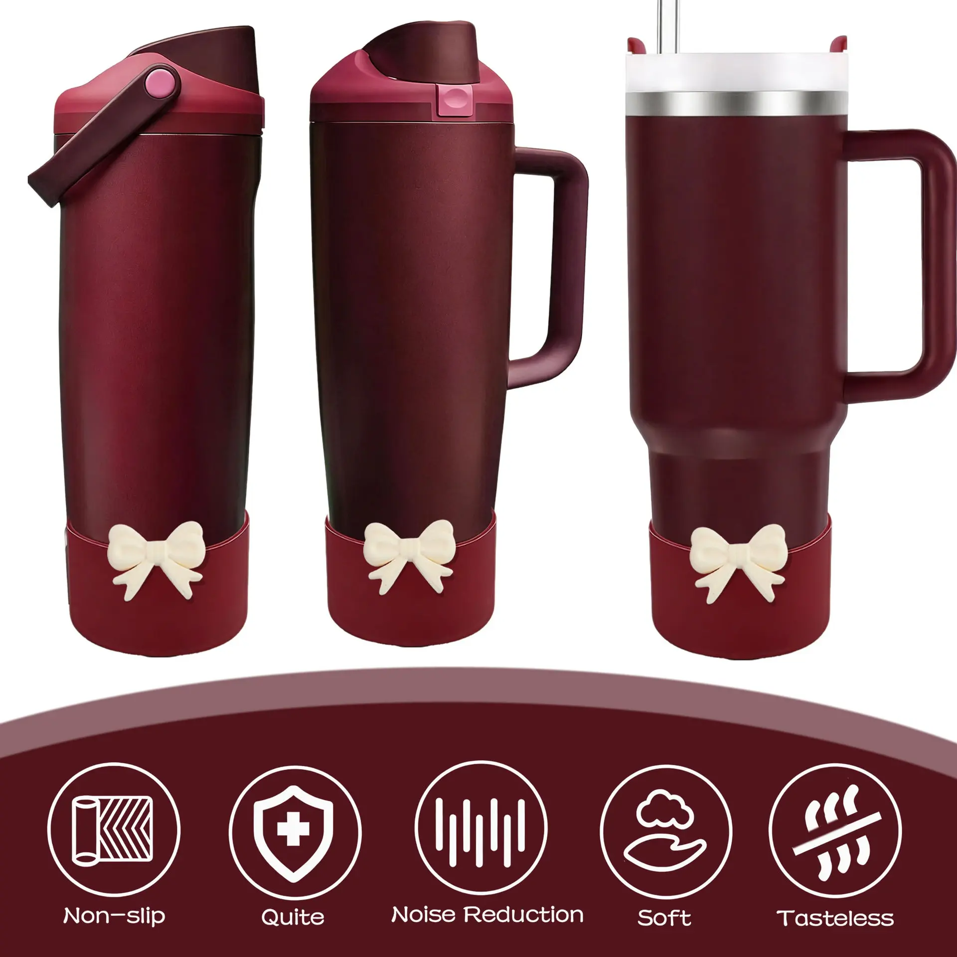 Heat-Insulating Silicone Cup Sleeve with Bow Decoration Anti-Collision 7.5cm Fits 30oz 40oz Cups Protective Cup Boot Mat