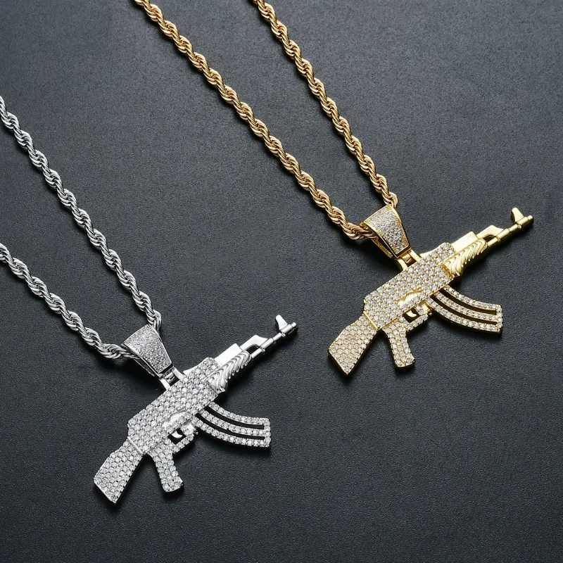 Hip-hop jewelry new AK47 automatic rifle gun-shaped 925 silver necklace personality men's jewelry5A+Zircon