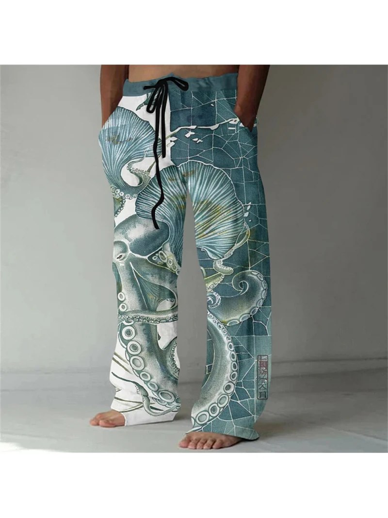 Men's Octopus 3D printed Linen Blend casual pants Men's loose stylish casual pocket drawstring sweatpants