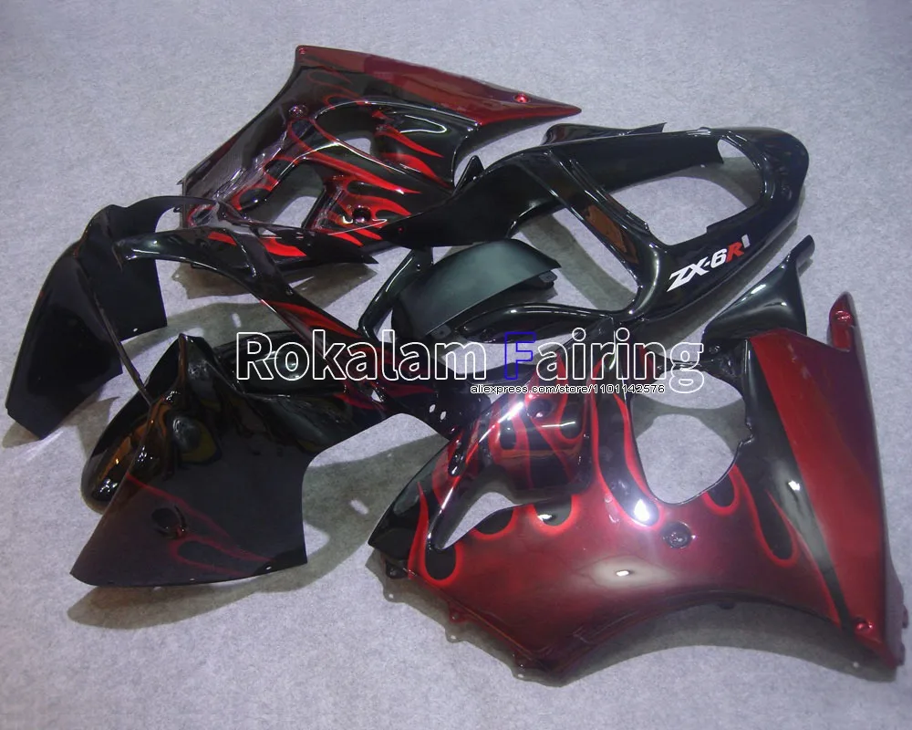Cowling For Kawasaki Fairings NINJA ZX6R Red Flames 2000 2001 2002 ZX 6R Fairings ZX-6R Black Body (Injection molding)