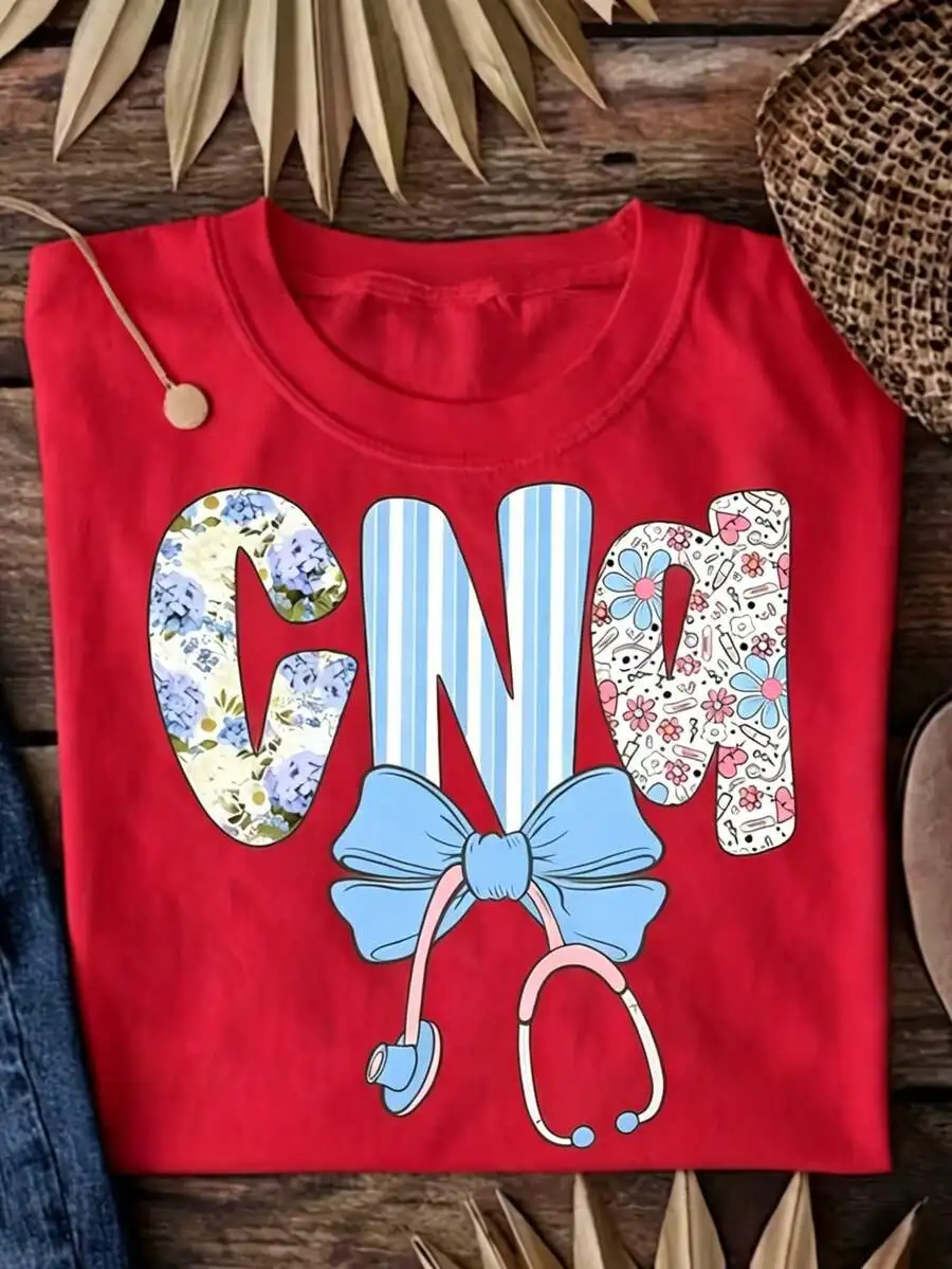 Coquette Bow CNA Shirt Certified Nursing Assistant T-Shirt Cute Floral Stethoscope Graphic Tee Women Nurses Week Gift Casual Cotton Tops