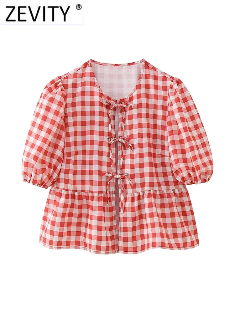 Zevity 2024 Women Fashion O Neck Puff Sleeve Plaid Print Casual Smock Blouse Female Chic Lace Up Ruffles Shirt Blusas Tops LS309