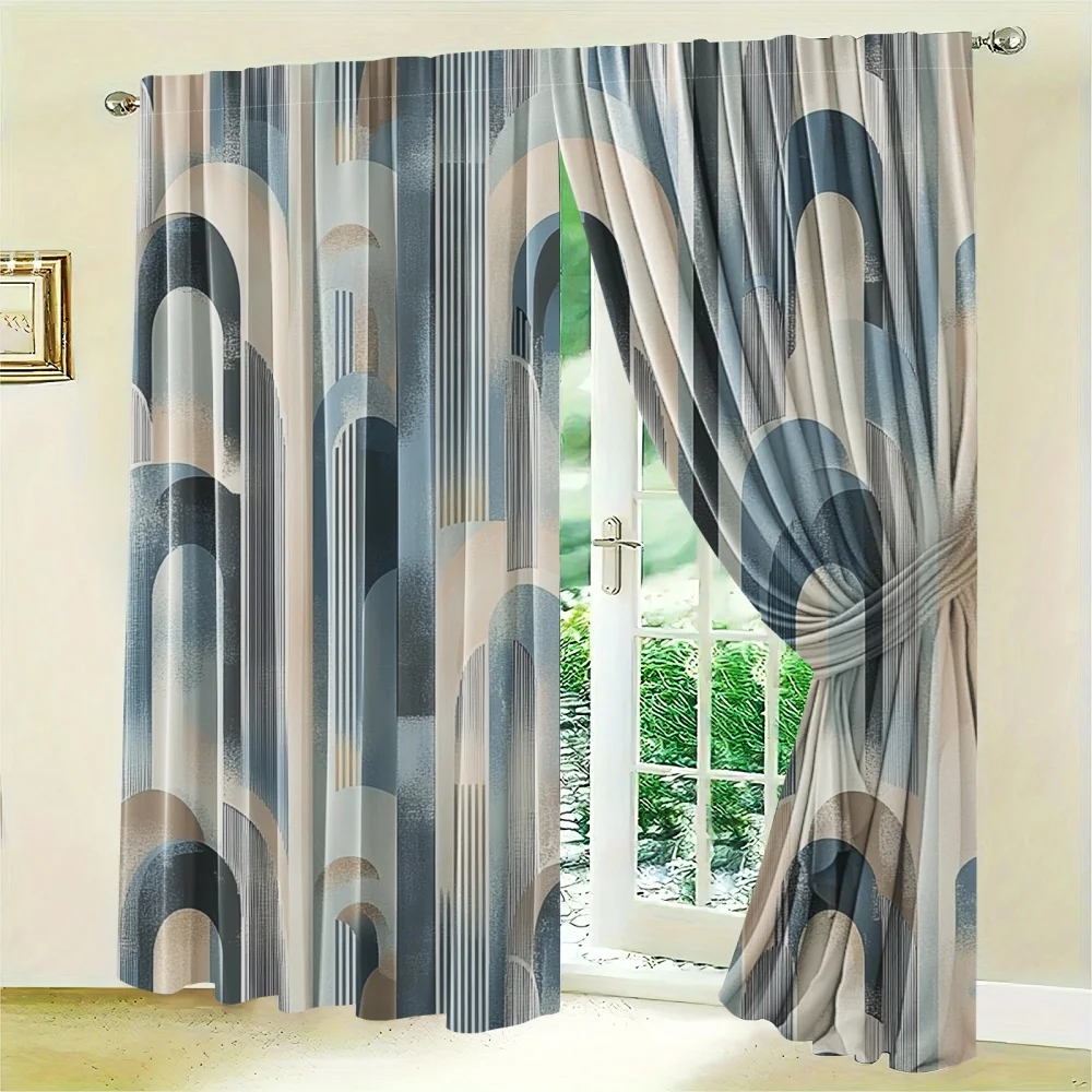 2pc Blue and beige abstract arched pattern curtains, polyester fabric, machine washable, suitable for bedrooms and living rooms.