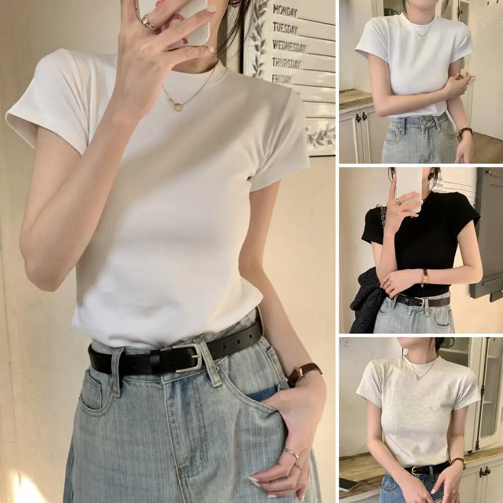 S-XL New Women's Cotton T-shirt Summer 2023 Casual Elasticity Short-sleeve V-neck Slim Bottom T-shirt Girl's Tops Tees Female