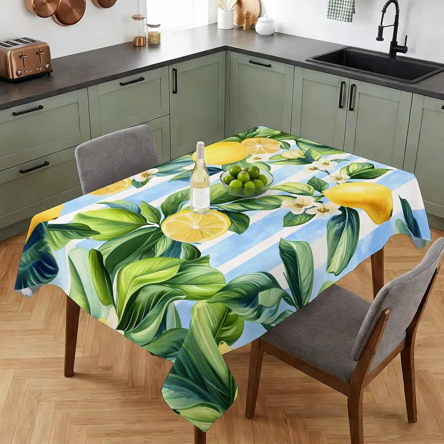 Summer Lemon Green Leaves Flower Print Tablecloth for Table Decor Watercolor Blue Stripes Rectangle Table Cloth Home Party Decor