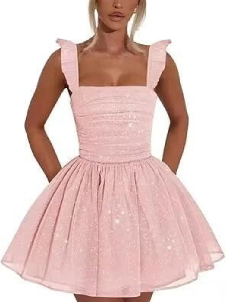Abito da homecoming in tulle 2026 con spalline svolazzanti Collo quadrato Abito corto da ballo a trapezio scintillante per mini abito da laurea per adolescenti
