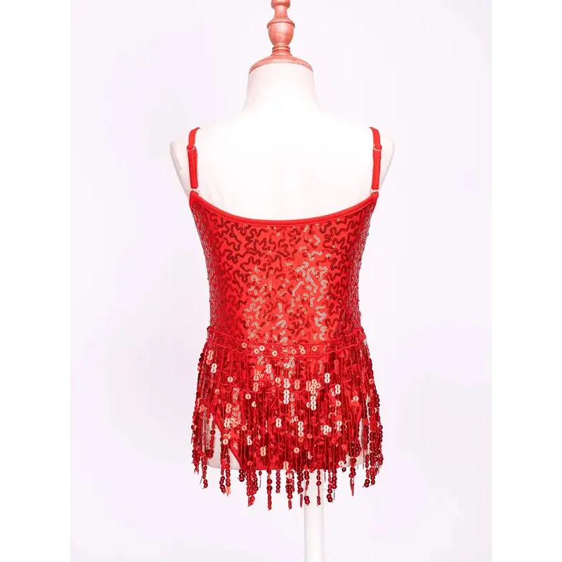 Dziewczęta Latin Jazz Dance Dress Kids Shiny Sequins Tassel Fringe Mesh Ballroom Samba Tango Cha Cha Dance Leotards Rave Costume 2022