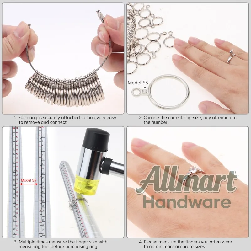 5-piece set of fingerprint wooden ring tools, four size ring rod, circular measuring band, ring size making kit, rubber hammer