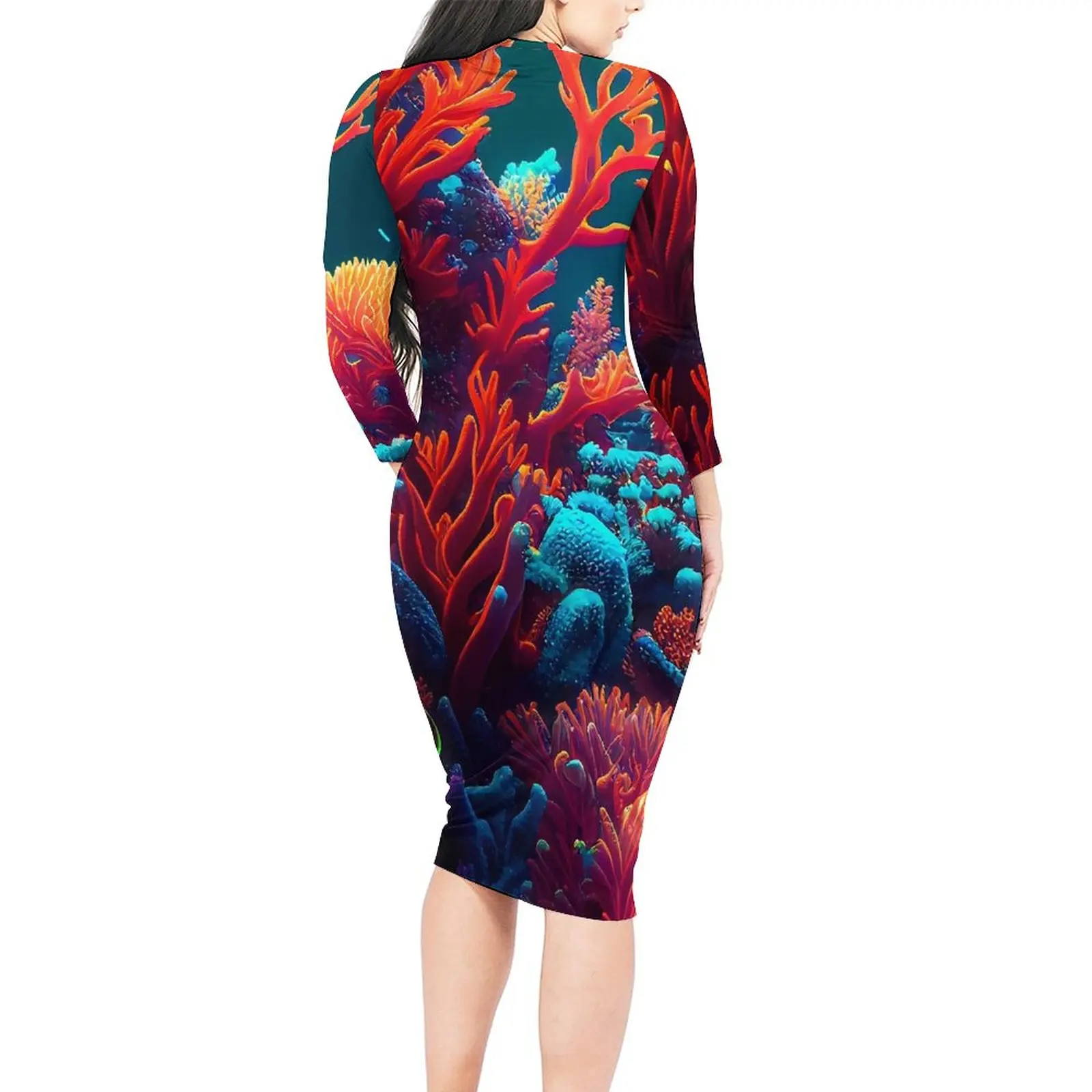 Tropical Marine Dress Women Vibrant Coral Print Aesthetic Bodycon Dress Holiday Long Sleeve Retro Dresses Oversized Clothing