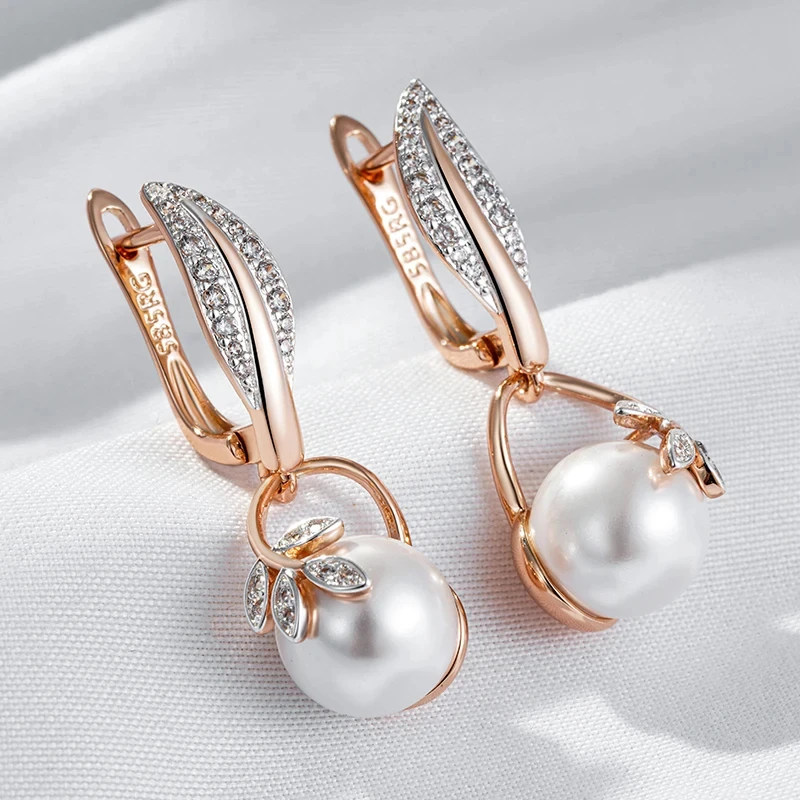 Wbmqda Luxury Pearl Women\'s Long Drop Earrings 585 Rose Gold Silver Color Ethnic Wedding Party Fine Zircon Jewelry Accessories