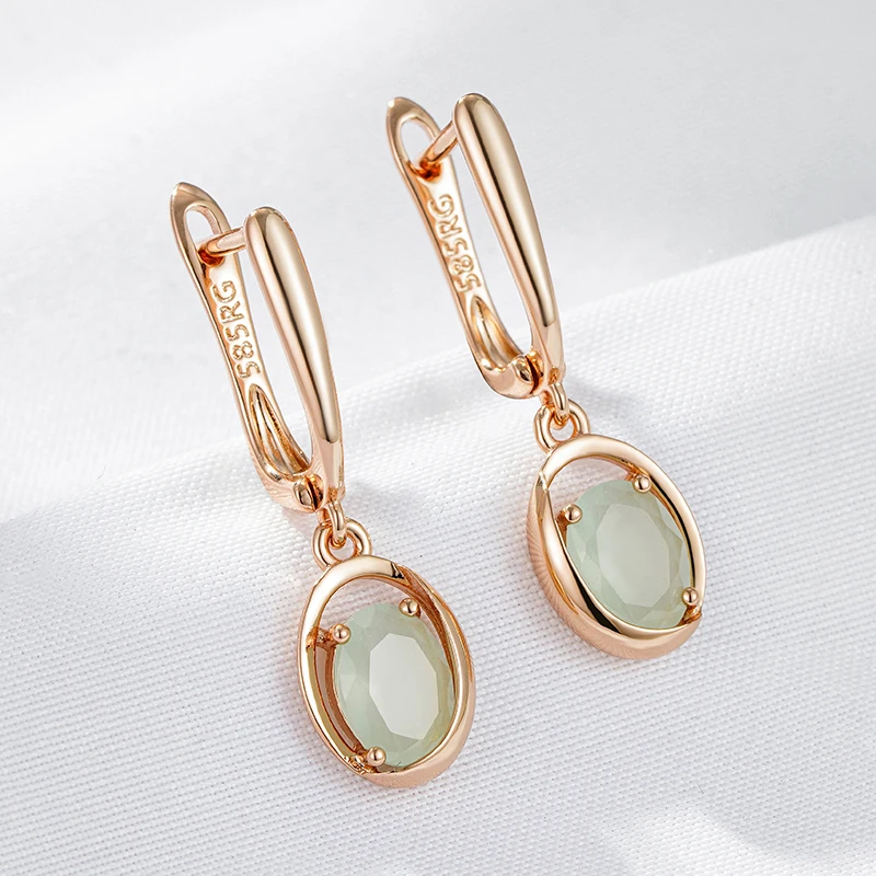 Kienl New Simple 585 Rose Gold Dangle Earrings for Women Fashion Oval Green Natural Zircon Accessories Vintage Wedding Jewelry